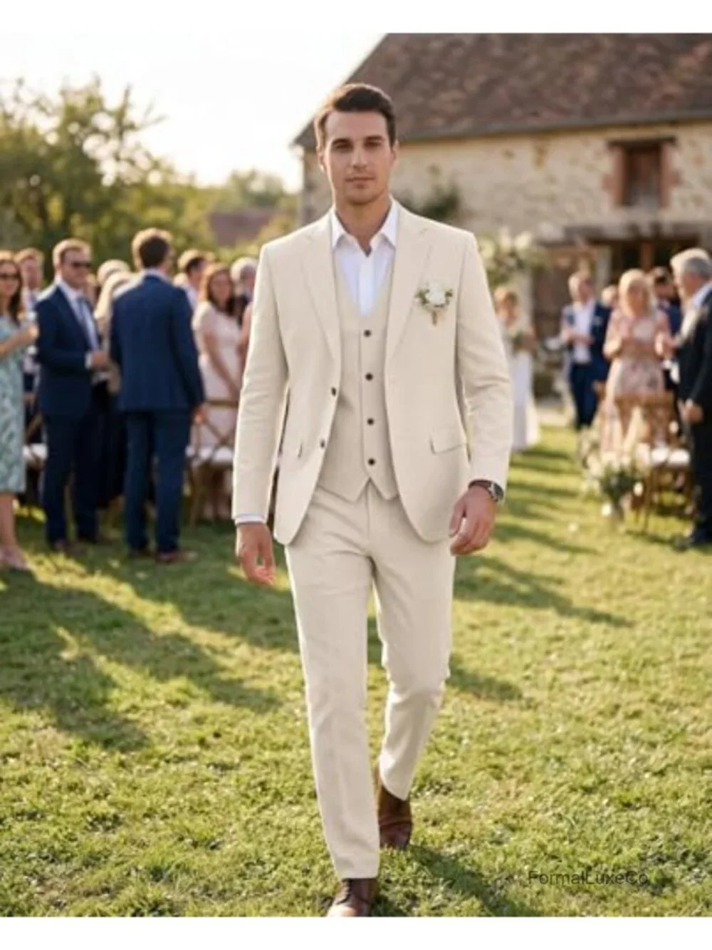 Men's 3-Piece Slim Fit Linen Suit Set Wedding Beach Blazer Vest Pants